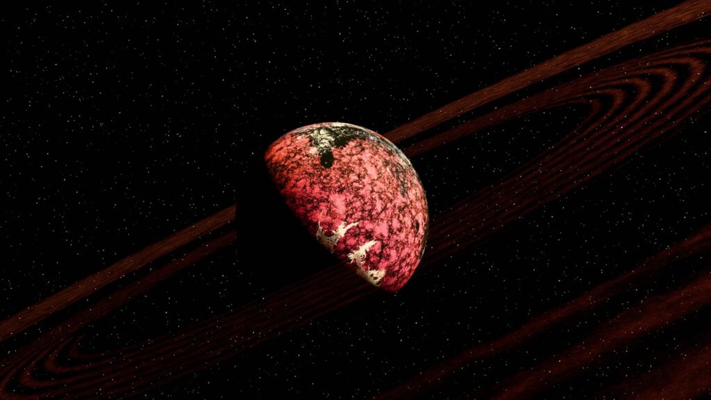 Red planet with craters in dark space